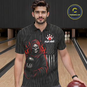 Black & White Camo American Flag Red Flame Skull Reaper Mens Bowling Shirt Custom Team Bowling Jersey NQS10852