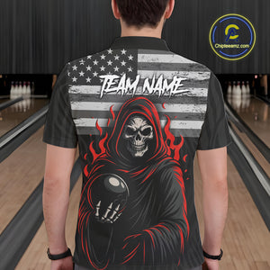 Black & White Camo American Flag Red Flame Skull Reaper Mens Bowling Shirt Custom Team Bowling Jersey NQS10852