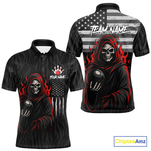 Black & White Camo American Flag Red Flame Skull Reaper Mens Bowling Shirt Custom Team Bowling Jersey NQS10852