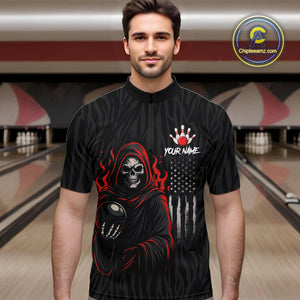 Black & White Camo American Flag Red Flame Skull Reaper Mens Bowling Shirt Custom Team Bowling Jersey NQS10852
