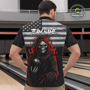 Black & White Camo American Flag Red Flame Skull Reaper Mens Bowling Shirt Custom Team Bowling Jersey NQS10852