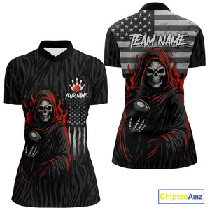Black & White Camo American Flag Red Flame Skull Reaper Women Bowling Shirt Custom Team Bowling Shirt NQS10852