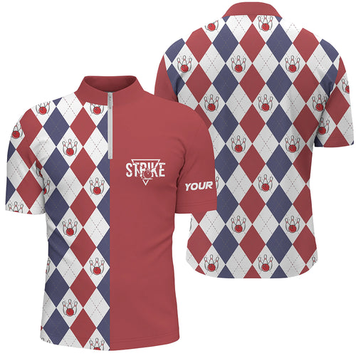 Red white blue argyle plaid pattern Mens Bowling Quarter-Zip Shirt custom bowling strike team jerseys NQS6830