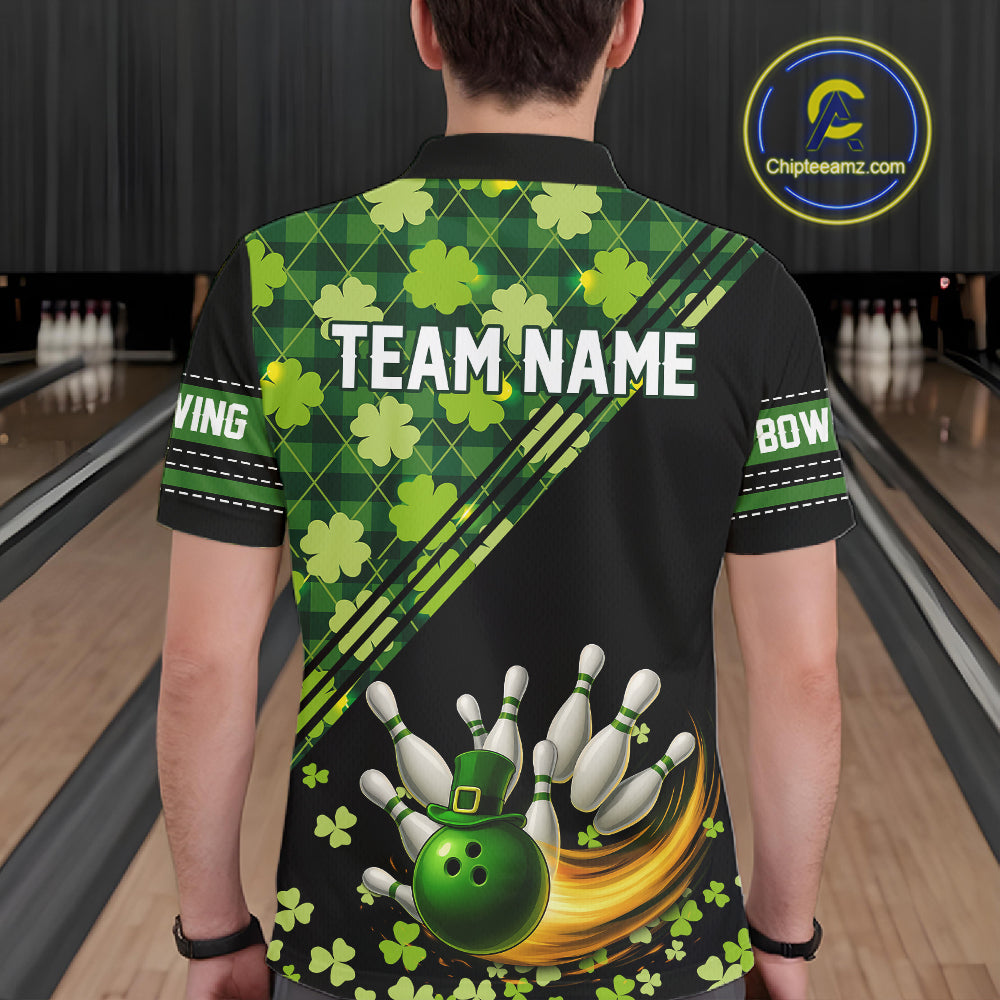 Black and Green shamrock argyle pattern Bowling Shirts For Men Custom St Patrick Team Bowling Jerseys NQS11237