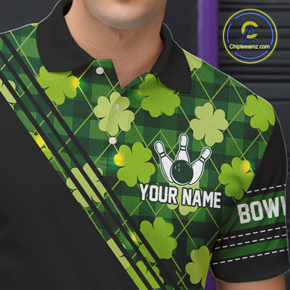Black and Green shamrock argyle pattern Bowling Shirts For Men Custom St Patrick Team Bowling Jerseys NQS11237