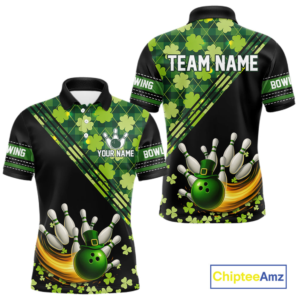 Black and Green shamrock argyle pattern Bowling Shirts For Men Custom St Patrick Team Bowling Jerseys NQS11237