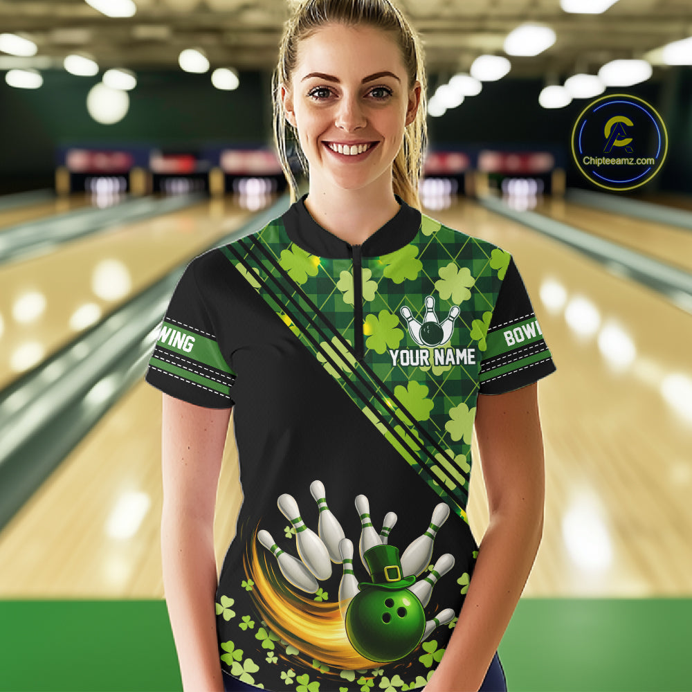 Black and Green shamrock argyle pattern Bowling Shirt For Women Custom St Patrick Team Bowling Jersey NQS11237