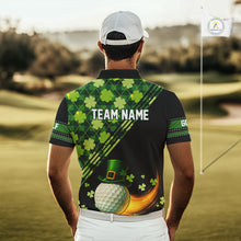 Load image into Gallery viewer, Black and Green shamrock argyle pattern Golf Polo Shirts For Men Custom St Patrick mens golf top NQS11238