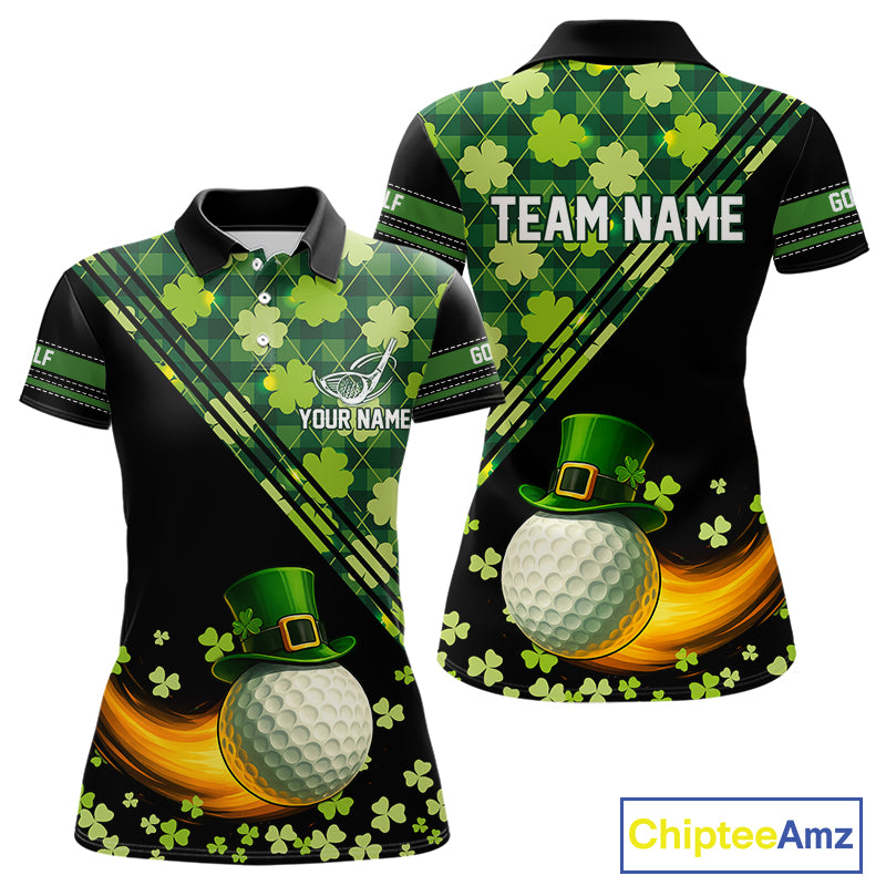 Black and Green shamrock argyle pattern Golf Polo Shirts For Women Custom St Patrick ladies golf top NQS11238