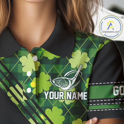 Black and Green shamrock argyle pattern Golf Polo Shirts For Women Custom St Patrick ladies golf top NQS11238