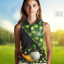Load image into Gallery viewer, Black and Green shamrock argyle pattern Sleeveless Golf Polo Shirt Custom St Patrick ladies golf top NQS11238