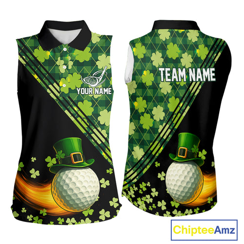 Black and Green shamrock argyle pattern Sleeveless Golf Polo Shirt Custom St Patrick ladies golf top NQS11238