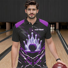 Load image into Gallery viewer, Black and Purple Lightning thunder Bowling Polo, Quarter Zip shirts for Men Custom Bowling Team Jersey NQS9358