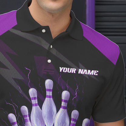 Black and Purple Lightning thunder Bowling Polo, Quarter Zip shirts for Men Custom Bowling Team Jersey NQS9358