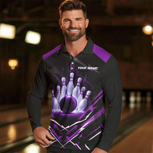 Load image into Gallery viewer, Black and Purple Lightning thunder Bowling Polo, Quarter Zip shirts for Men Custom Bowling Team Jersey NQS9358