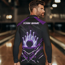 Load image into Gallery viewer, Black and Purple Lightning thunder Bowling Polo, Quarter Zip shirts for Men Custom Bowling Team Jersey NQS9358