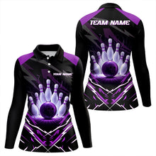 Load image into Gallery viewer, Black and Purple Lightning thunder Women Bowling Polo, Quarter Zip shirts Custom Bowling Team Jersey NQS9358