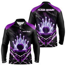 Load image into Gallery viewer, Black and Purple Lightning thunder Bowling Polo, Quarter Zip shirts for Men Custom Bowling Team Jersey NQS9358