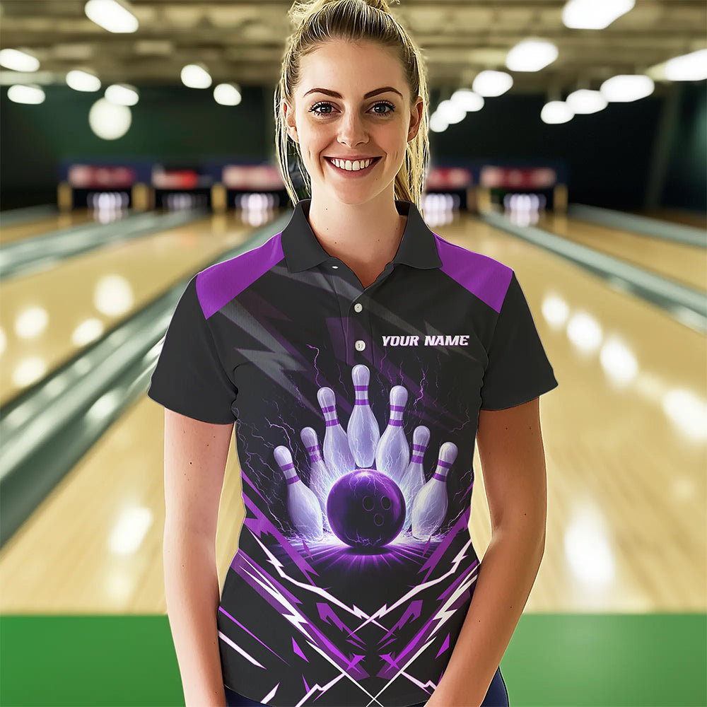 Black and Purple Lightning thunder Women Bowling Polo, Quarter Zip shirts Custom Bowling Team Jersey NQS9358