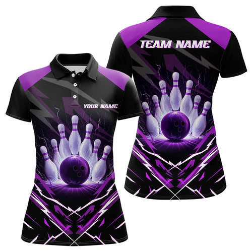 Black and Purple Lightning thunder Women Bowling Polo, Quarter Zip shirts Custom Bowling Team Jersey NQS9358