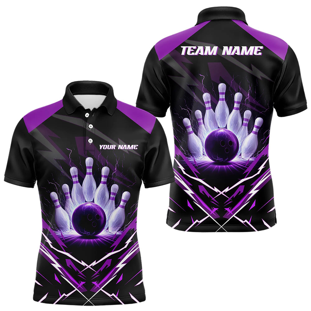 Black and Purple Lightning thunder Bowling Polo, Quarter Zip shirts for Men Custom Bowling Team Jersey NQS9358