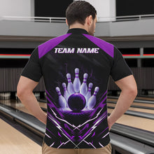 Load image into Gallery viewer, Black and Purple Lightning thunder Bowling Polo, Quarter Zip shirts for Men Custom Bowling Team Jersey NQS9358