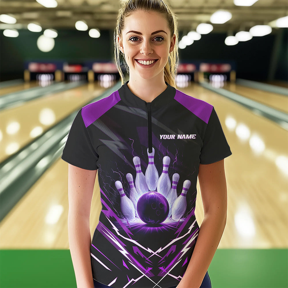 Black and Purple Lightning thunder Women Bowling Polo, Quarter Zip shirts Custom Bowling Team Jersey NQS9358