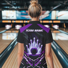 Load image into Gallery viewer, Black and Purple Lightning thunder Women Bowling Polo, Quarter Zip shirts Custom Bowling Team Jersey NQS9358