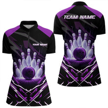 Load image into Gallery viewer, Black and Purple Lightning thunder Women Bowling Polo, Quarter Zip shirts Custom Bowling Team Jersey NQS9358