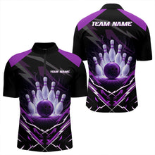 Load image into Gallery viewer, Black and Purple Lightning thunder Bowling Polo, Quarter Zip shirts for Men Custom Bowling Team Jersey NQS9358