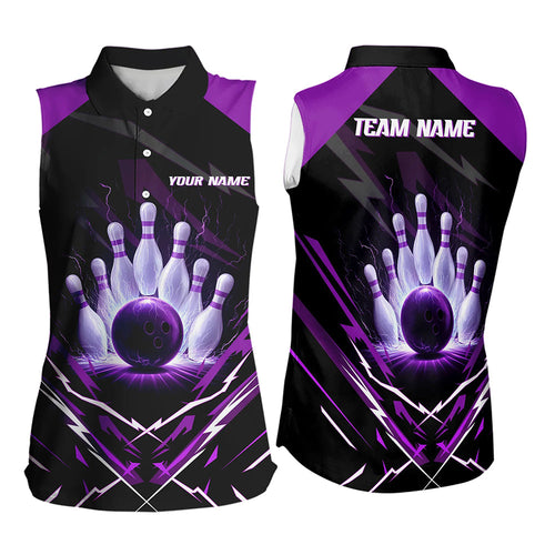 Black and Purple Lightning thunder Women Bowling Sleeveless Polo shirt Custom Bowling Team Jersey NQS9358