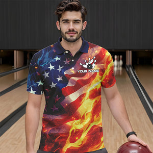 Flame American Flag Bowling Polo, Quarter Zip shirts for Men Custom Patriotic Team Bowling Jersey NQS9360