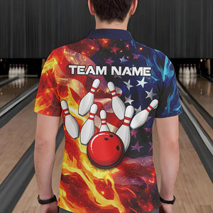 Flame American Flag Bowling Polo, Quarter Zip shirts for Men Custom Patriotic Team Bowling Jersey NQS9360