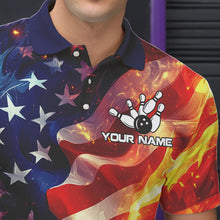 Load image into Gallery viewer, Flame American Flag Bowling Polo, Quarter Zip shirts for Men Custom Patriotic Team Bowling Jersey NQS9360