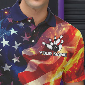 Flame American Flag Bowling Polo, Quarter Zip shirts for Men Custom Patriotic Team Bowling Jersey NQS9360