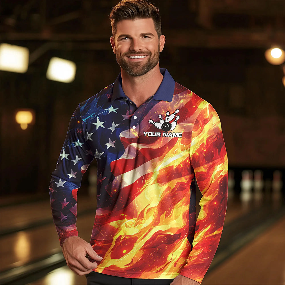 Flame American Flag Bowling Polo, Quarter Zip shirts for Men Custom Patriotic Team Bowling Jersey NQS9360