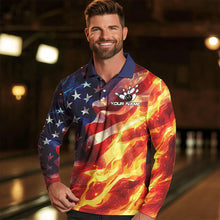 Load image into Gallery viewer, Flame American Flag Bowling Polo, Quarter Zip shirts for Men Custom Patriotic Team Bowling Jersey NQS9360