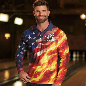 Flame American Flag Bowling Polo, Quarter Zip shirts for Men Custom Patriotic Team Bowling Jersey NQS9360