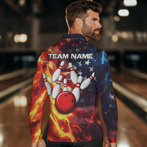 Flame American Flag Bowling Polo, Quarter Zip shirts for Men Custom Patriotic Team Bowling Jersey NQS9360