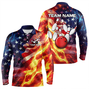 Flame American Flag Bowling Polo, Quarter Zip shirts for Men Custom Patriotic Team Bowling Jersey NQS9360