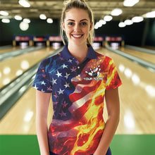 Load image into Gallery viewer, Flame American Flag Bowling Polo, Quarter Zip shirts for Women Custom Patriotic Team Bowling Jersey NQS9360