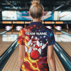 Flame American Flag Bowling Polo, Quarter Zip shirts for Women Custom Patriotic Team Bowling Jersey NQS9360