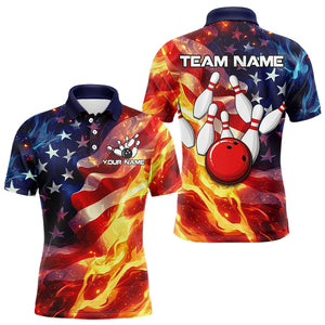 Flame American Flag Bowling Polo, Quarter Zip shirts for Men Custom Patriotic Team Bowling Jersey NQS9360