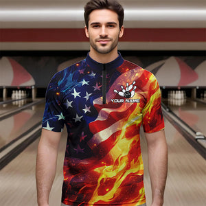 Flame American Flag Bowling Polo, Quarter Zip shirts for Men Custom Patriotic Team Bowling Jersey NQS9360