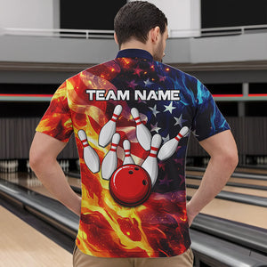 Flame American Flag Bowling Polo, Quarter Zip shirts for Men Custom Patriotic Team Bowling Jersey NQS9360