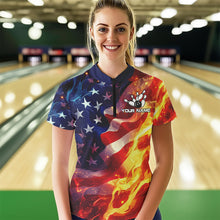 Load image into Gallery viewer, Flame American Flag Bowling Polo, Quarter Zip shirts for Women Custom Patriotic Team Bowling Jersey NQS9360