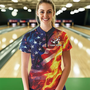 Flame American Flag Bowling Polo, Quarter Zip shirts for Women Custom Patriotic Team Bowling Jersey NQS9360