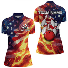 Load image into Gallery viewer, Flame American Flag Bowling Polo, Quarter Zip shirts for Women Custom Patriotic Team Bowling Jersey NQS9360