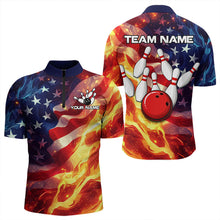 Load image into Gallery viewer, Flame American Flag Bowling Polo, Quarter Zip shirts for Men Custom Patriotic Team Bowling Jersey NQS9360