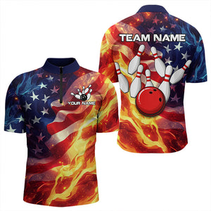 Flame American Flag Bowling Polo, Quarter Zip shirts for Men Custom Patriotic Team Bowling Jersey NQS9360